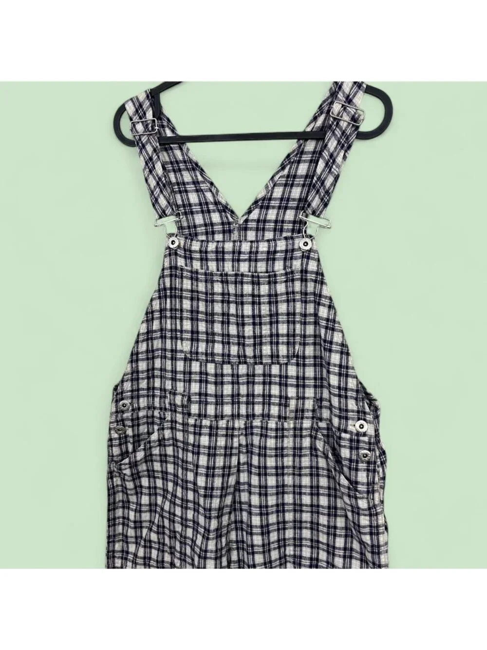 90s navy cream plaid artsy cottagecore cotton linen overall shorts